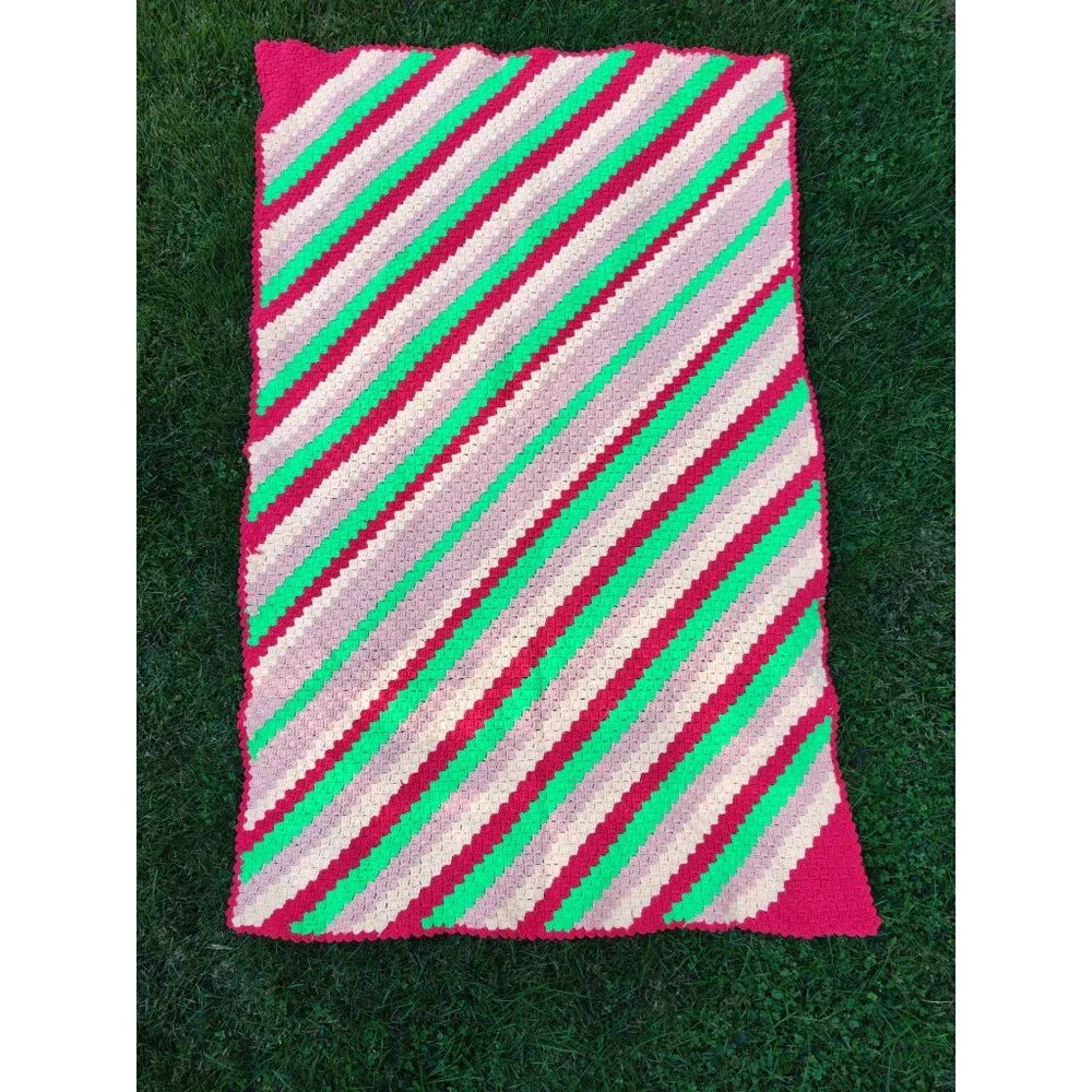 Vintage Handmade Christmas Crochet Afghan Blanket Jolly Stripes Festive Colors